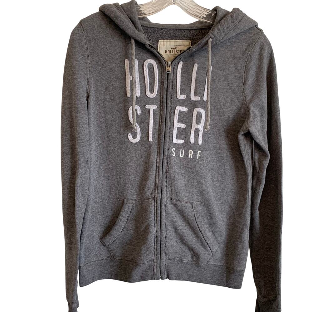 Hollister Womens Medium Full Zip Spellout Surf Hoodie Sweatshirt Jacket Gray